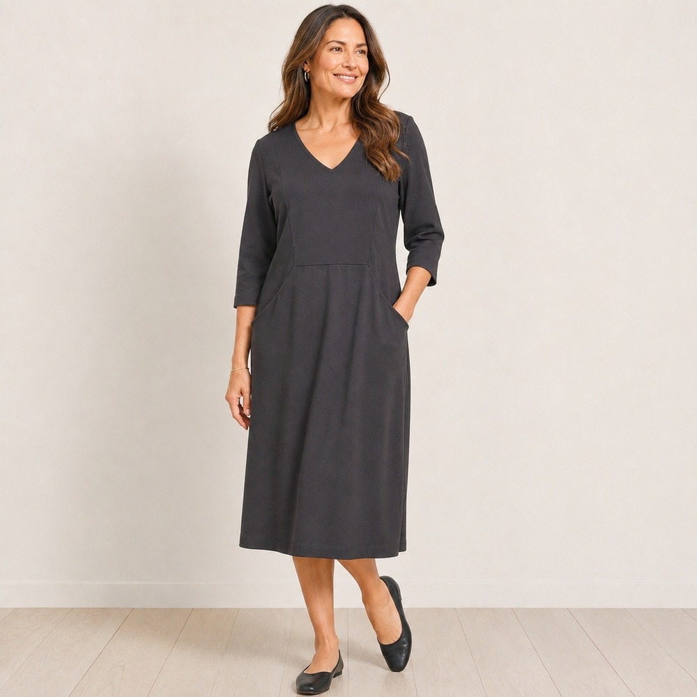 Chico's Size 4 Plus 20 Knit Midi Dress V Neck 3/4 Sleeve Pockets Stretch Black